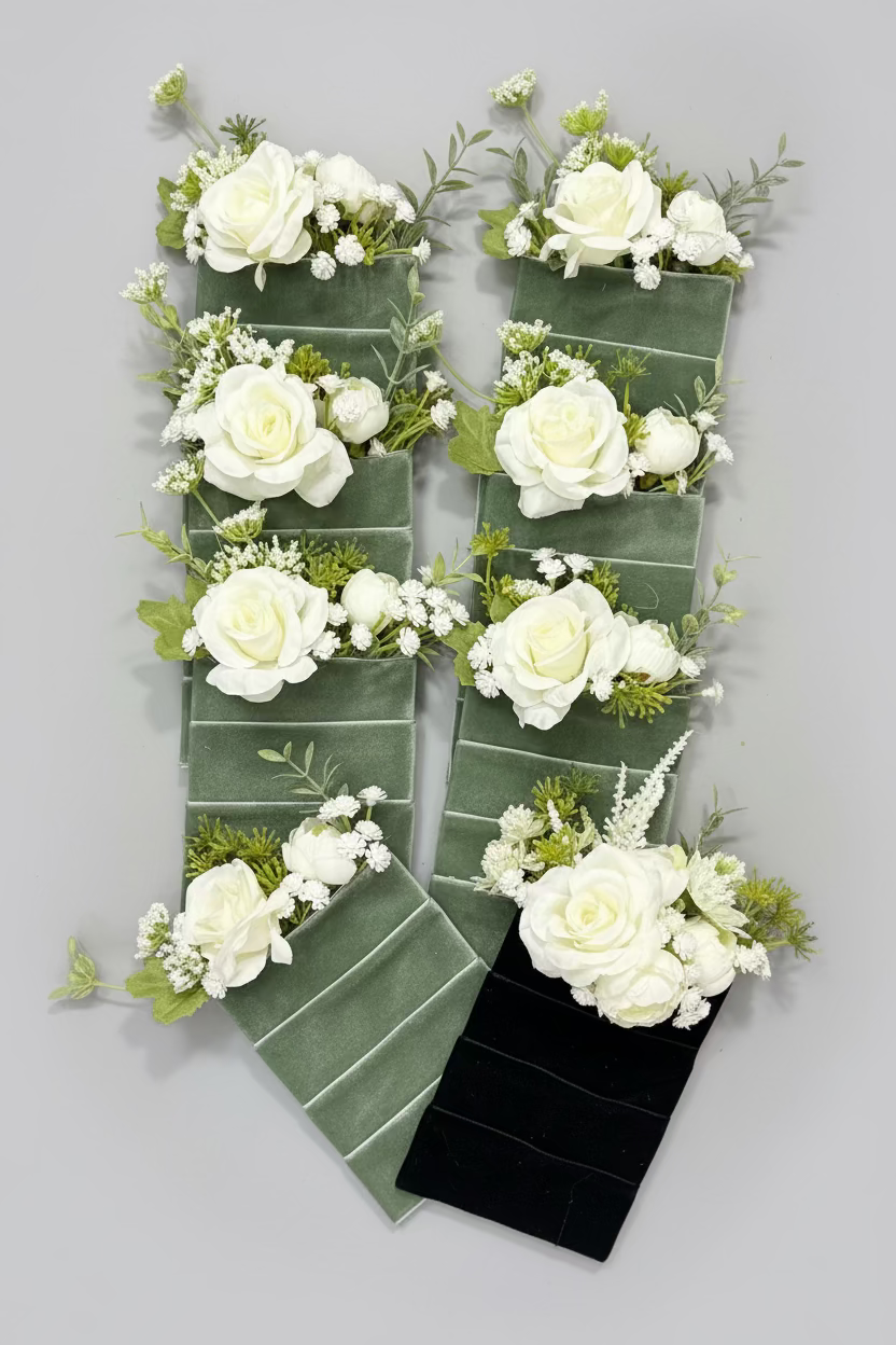 Two matching formal boutonnieres with white roses, green foliage, and white filler flowers attached to long satin tails, one in sage green and one in black, laid flat on a dark stone surface.