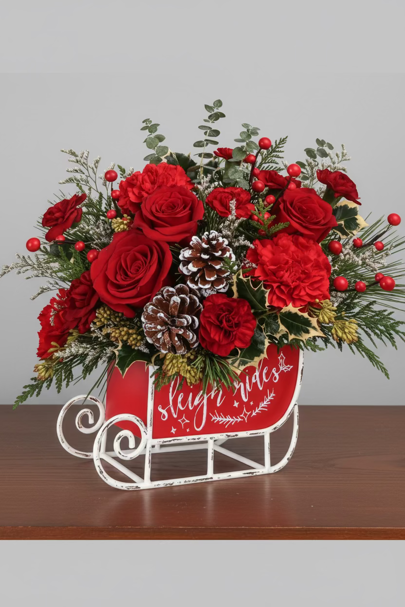 A festive Christmas floral arrangement in a white sleigh-shaped container, featuring red roses, red carnations, green foliage, pinecones, and red berries, displayed on a wooden surface against a pale green wall.