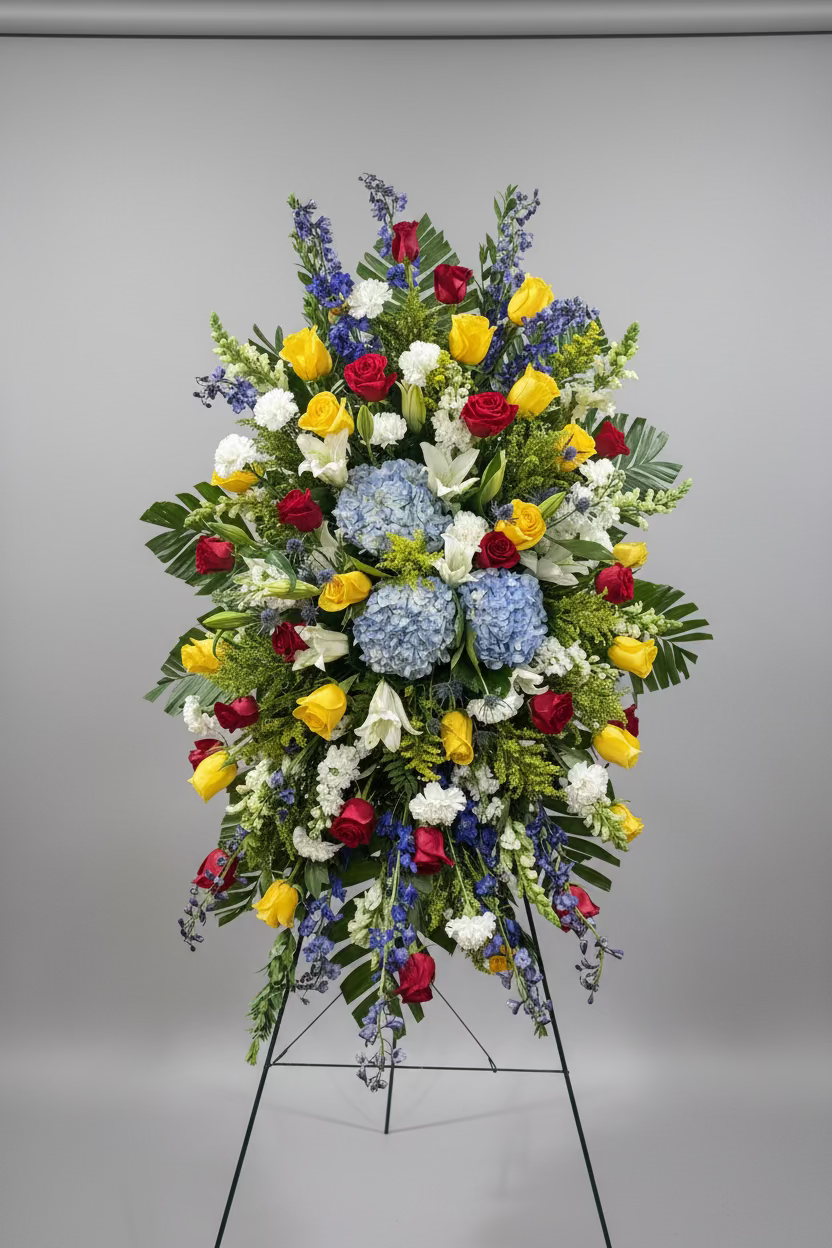 A large, vibrant floral arrangement on a black metal stand, featuring red roses, yellow tulips, blue hydrangeas, white lilies, and blue delphiniums with green foliage, set against a beige wall and wood floor.