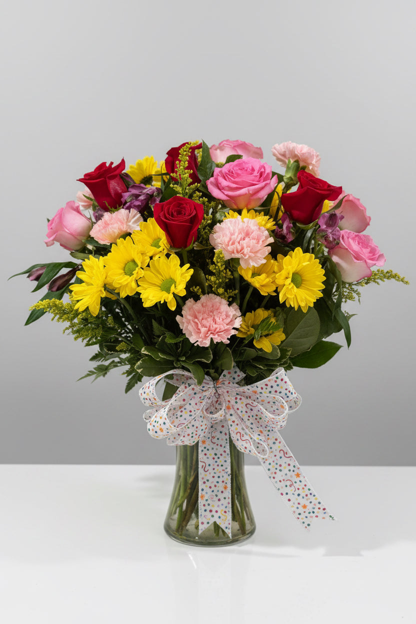 A vibrant mixed flower bouquet featuring pink and red roses, yellow daisies, pink carnations, and green foliage, tied with a white polka-dot ribbon in a clear vase against a neutral beige wall.