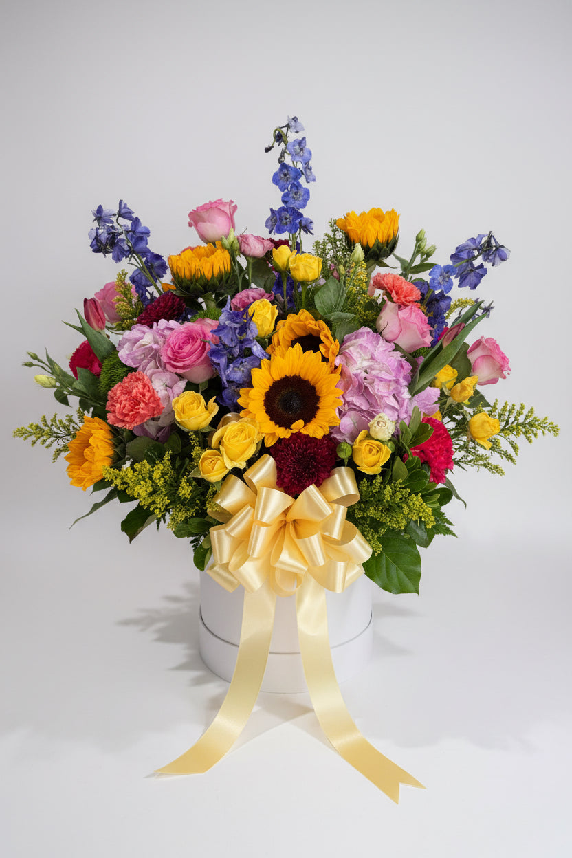 A vibrant mixed floral bouquet featuring yellow roses, pink carnations, blue delphiniums, burgundy chrysanthemums, and a cream satin ribbon, set against a plain gray wall.