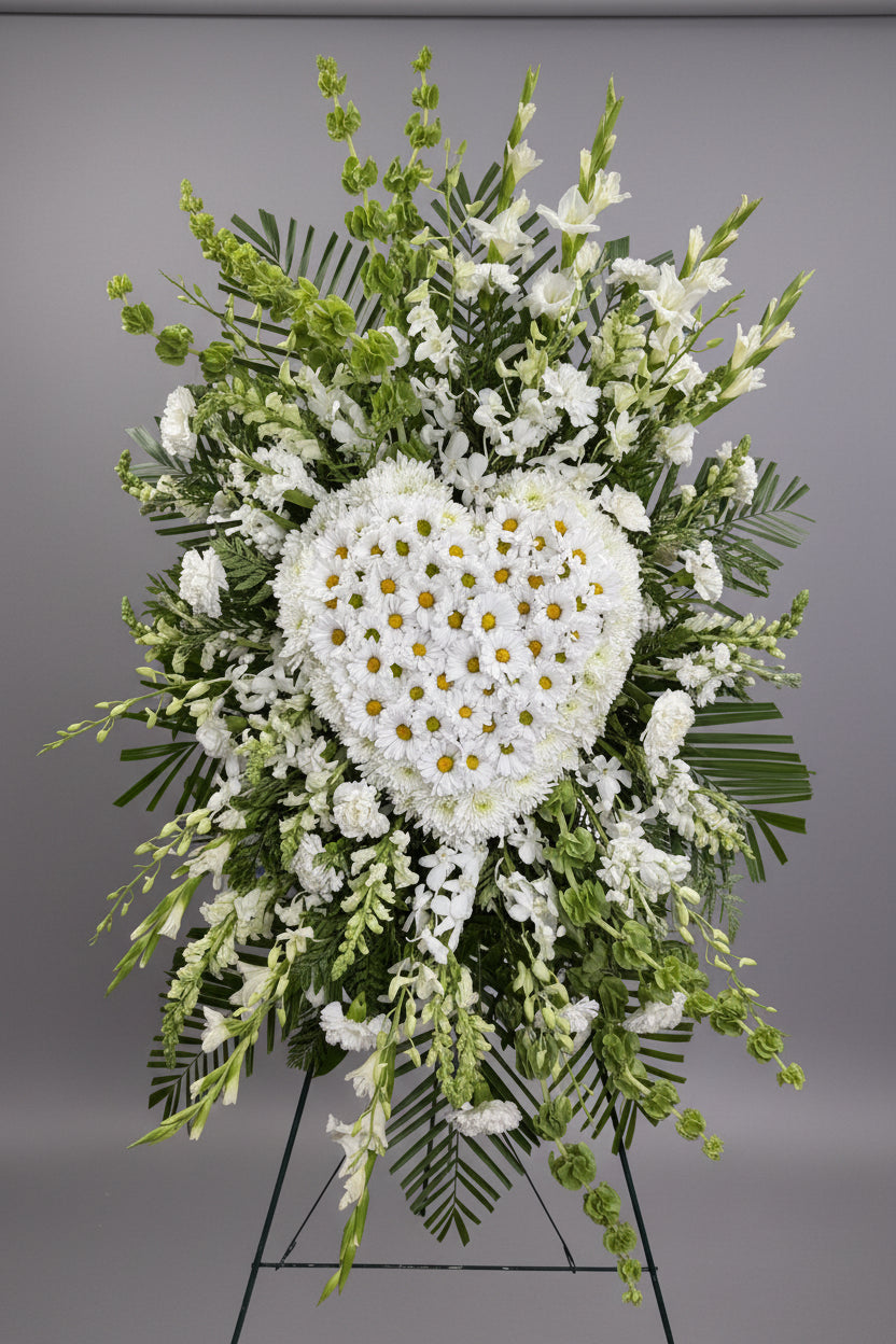 Large floral arrangement featuring a heart-shaped bouquet made of white daisies in the center, surrounded by white gladiolus and green foliage, displayed on a stand in an indoor setting.