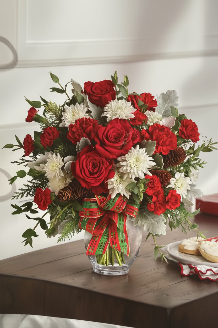 A festive holiday flower bouquet in a clear glass vase, featuring red roses, red carnations, white chrysanthemums, green foliage, pinecones, and a red and green striped ribbon bow, displayed on a dark wooden table.