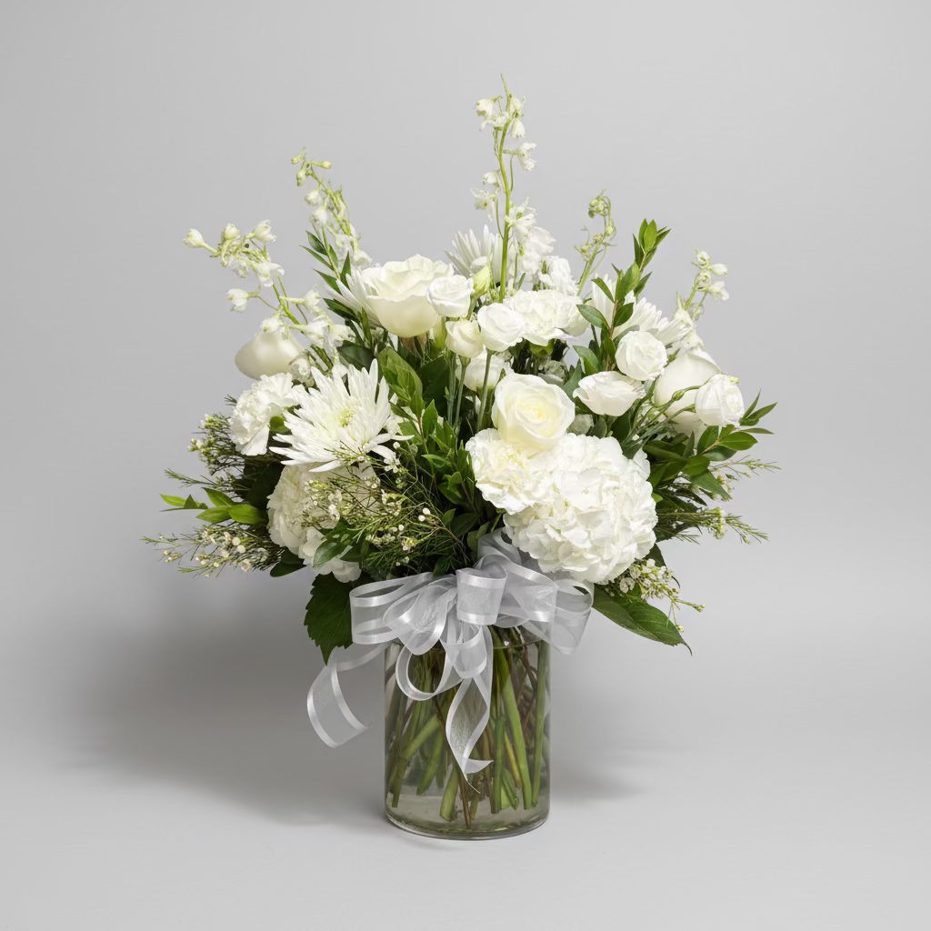 A white floral arrangement featuring roses, hydrangeas, and other white blossoms with green foliage, tied with a sheer white ribbon in a clear glass vase, set against a dark background.
