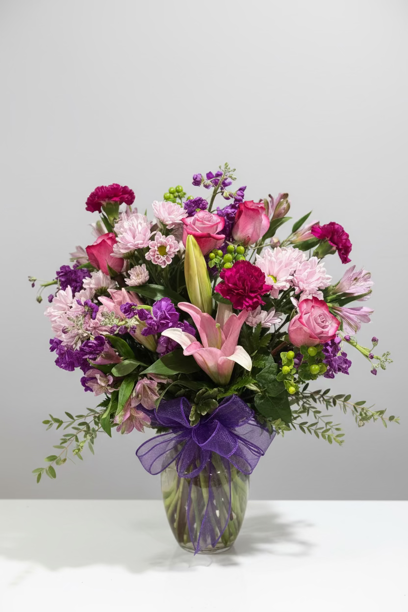 A vibrant mixed flower bouquet in a clear glass vase, featuring pink lilies, pink and magenta carnations, purple flowers, and green foliage, tied with a purple ribbon and set on a small metal pedestal against a neutral gray fabric backdrop.