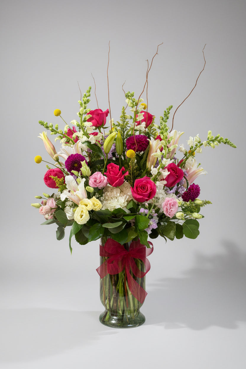 A vibrant floral arrangement in a clear glass vase, featuring pink and red roses, white and yellow lilies, purple flowers, and green foliage