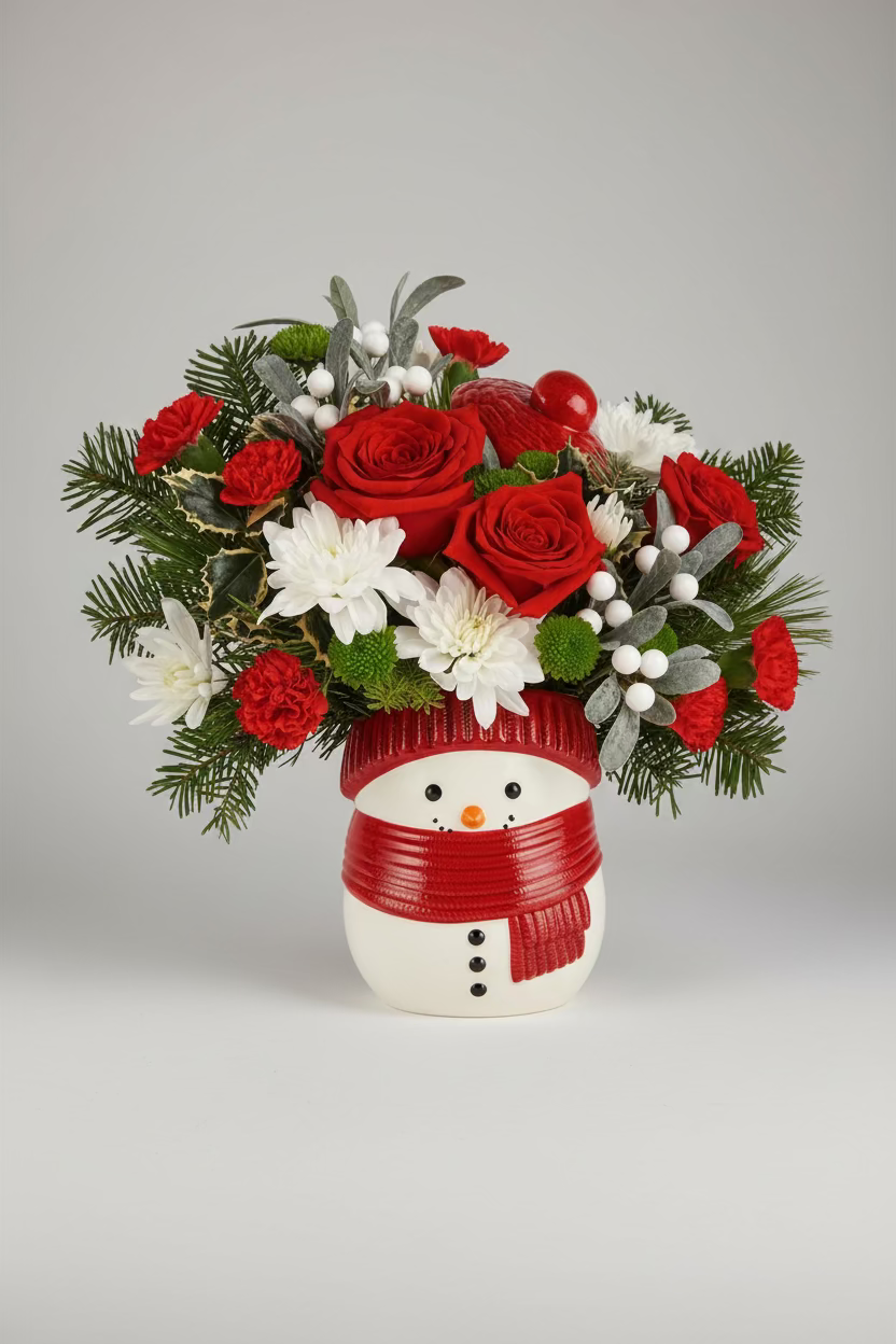 A festive holiday flower bouquet in a snowman-shaped vase, featuring red roses, white chrysanthemums, red carnations, green pine branches, and white berries. The snowman vase is decorated with a red striped hat and a red scarf.