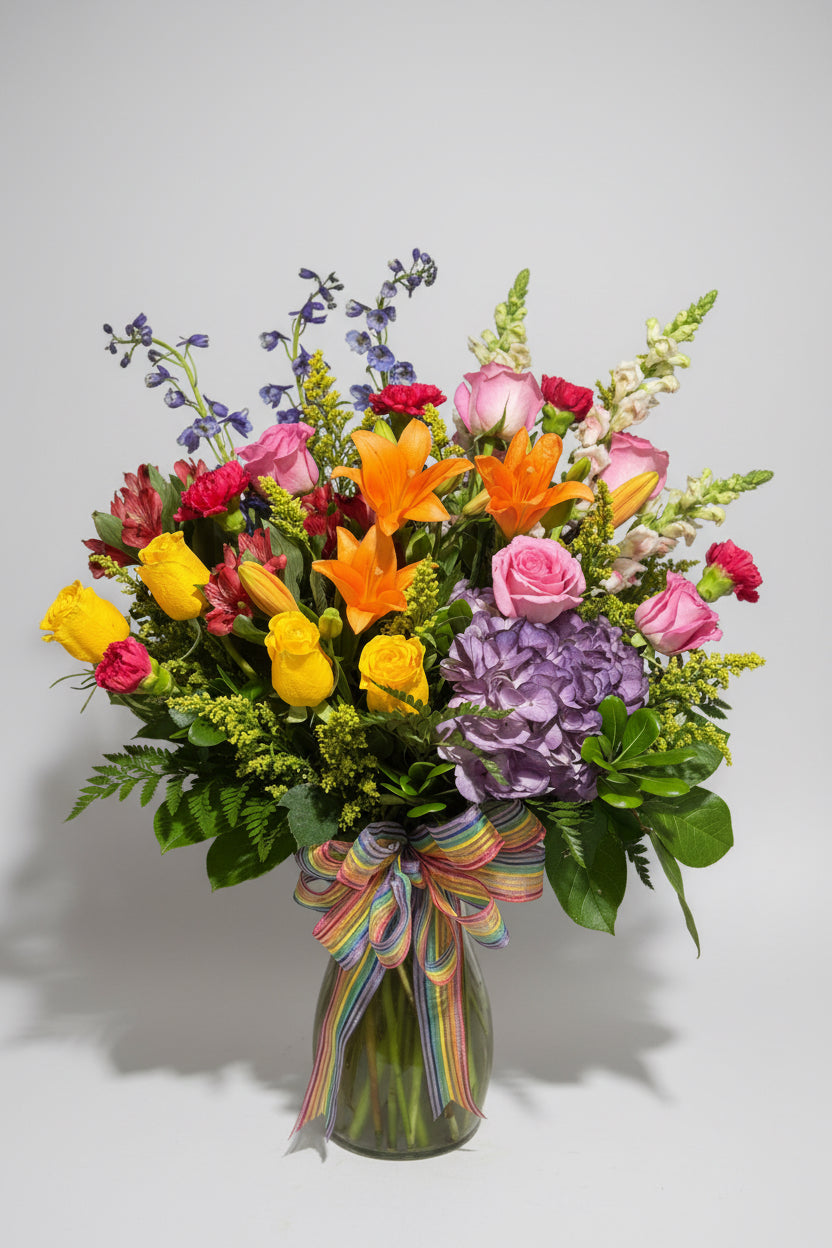 A vibrant mixed flower bouquet in a clear glass vase, featuring orange lilies, pink and yellow roses, purple hydrangeas, green foliage, and a rainbow-striped ribbon bow, set against a dark background.