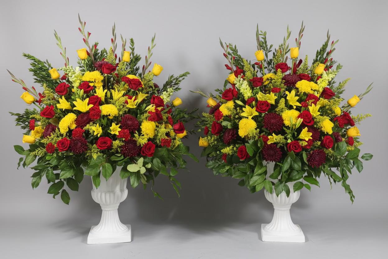 Two large white pedestal flower arrangements filled with yellow and red flowers and green foliage, displayed on a dark countertop in an indoor setting.