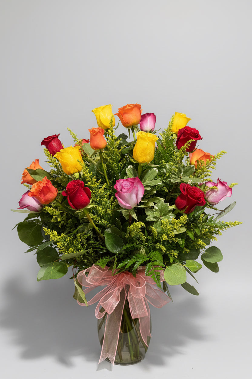 A vibrant mixed flower bouquet featuring red, pink, orange, and yellow roses with green foliage and a sheer pink ribbon, set against a dark background.