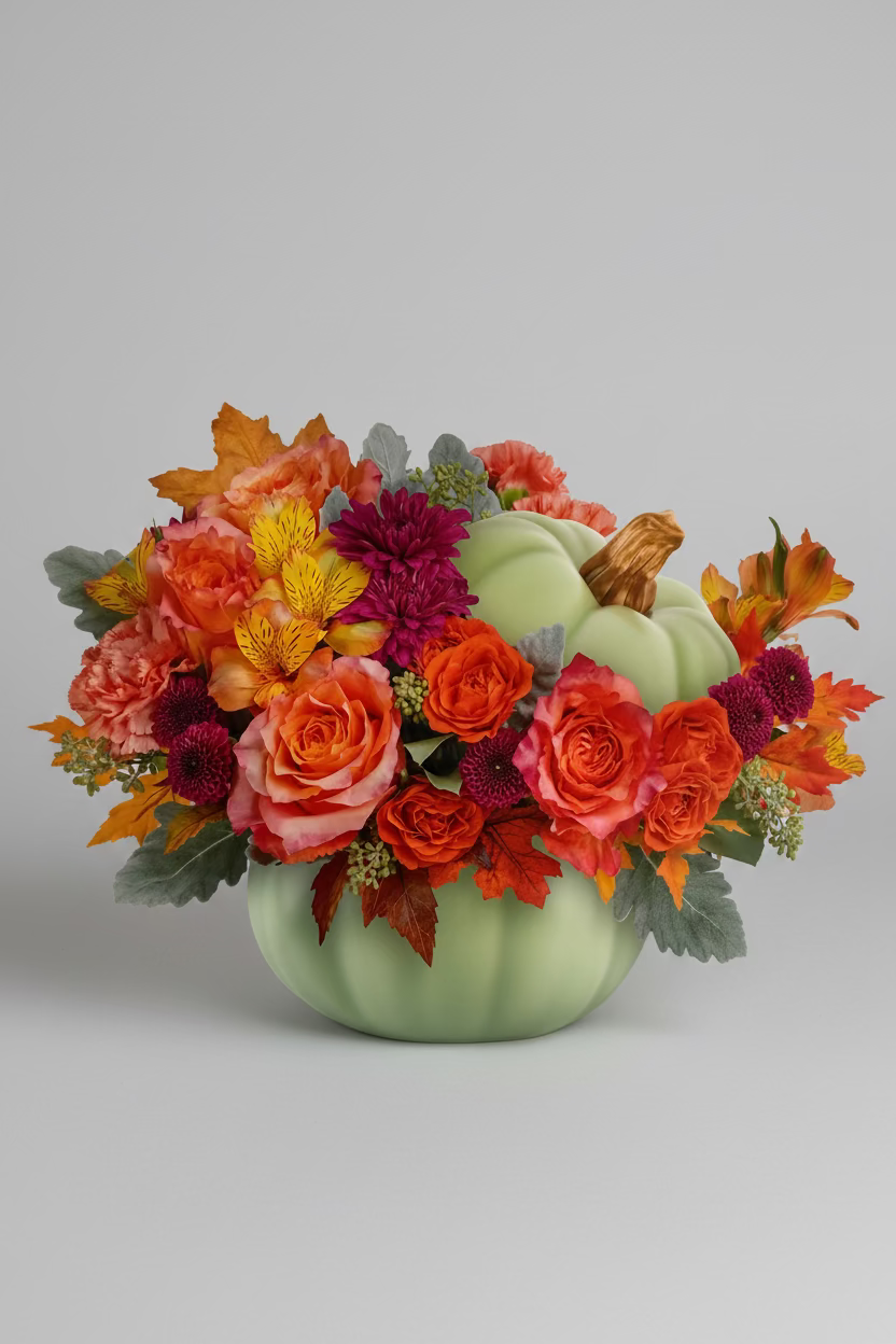 A floral centerpiece arranged in a pale mint green pumpkin-shaped vase on a table, featuring orange and pink roses, burgundy chrysanthemums, fall leaves, and yellow flowers. A small printed label reads 'Teleflora's Sage Harvest Bouquet 12471008' near the top right.