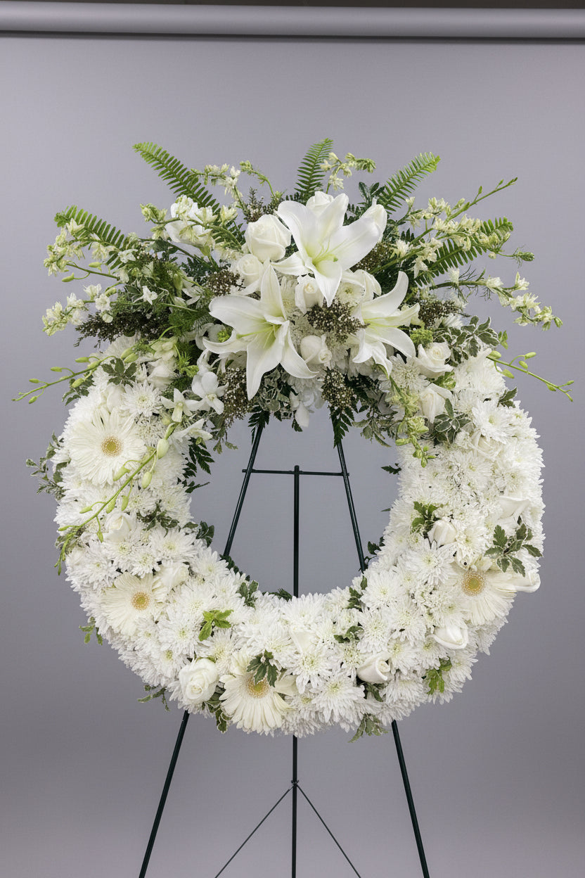 A large floral wreath made of white lilies, daisies, carnations, and green foliage, displayed on a black metal stand in an indoor shop or studio setting.