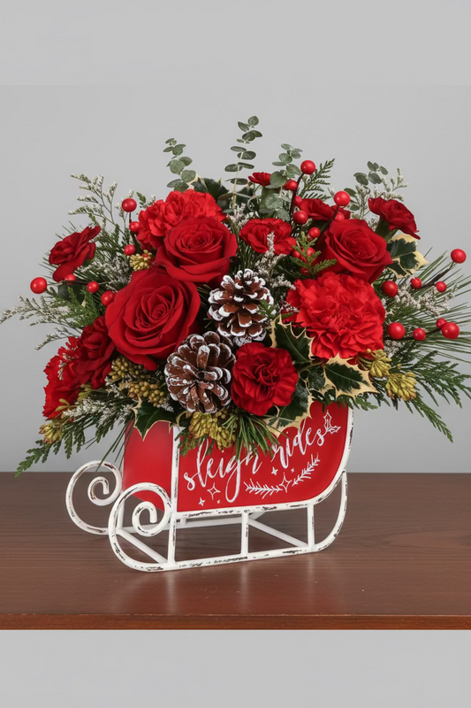A festive Christmas floral arrangement in a white sleigh-shaped container, featuring red roses, red carnations, green foliage, pinecones, and red berries, displayed on a wooden surface against a pale green wall.