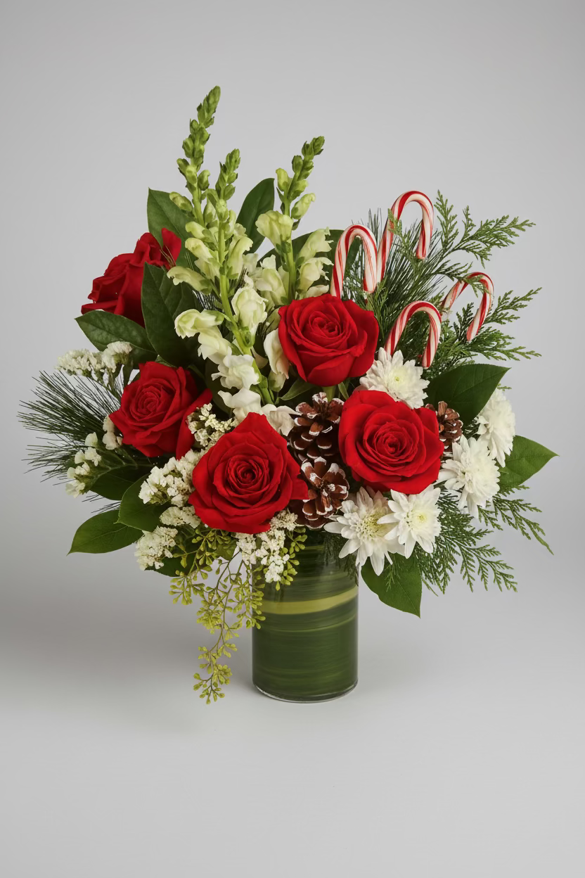 A festive Christmas flower bouquet in a green glass vase, featuring red roses, white chrysanthemums, green sprigs, candy canes, and pinecones, displayed on a wooden tray with small decorated treats against a warm bokeh background.