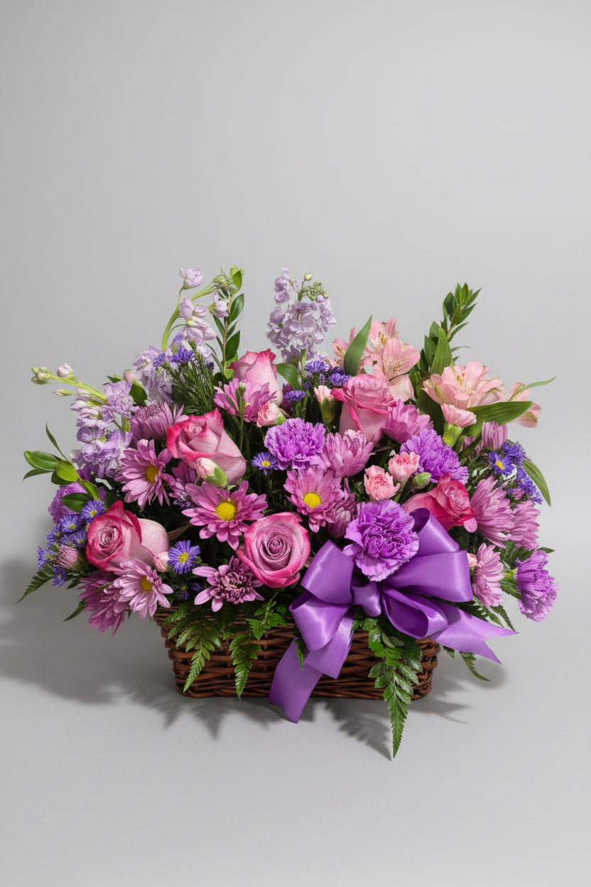 A vibrant floral arrangement in a basket, featuring pink and purple roses, carnations, chrysanthemums, and green foliage.