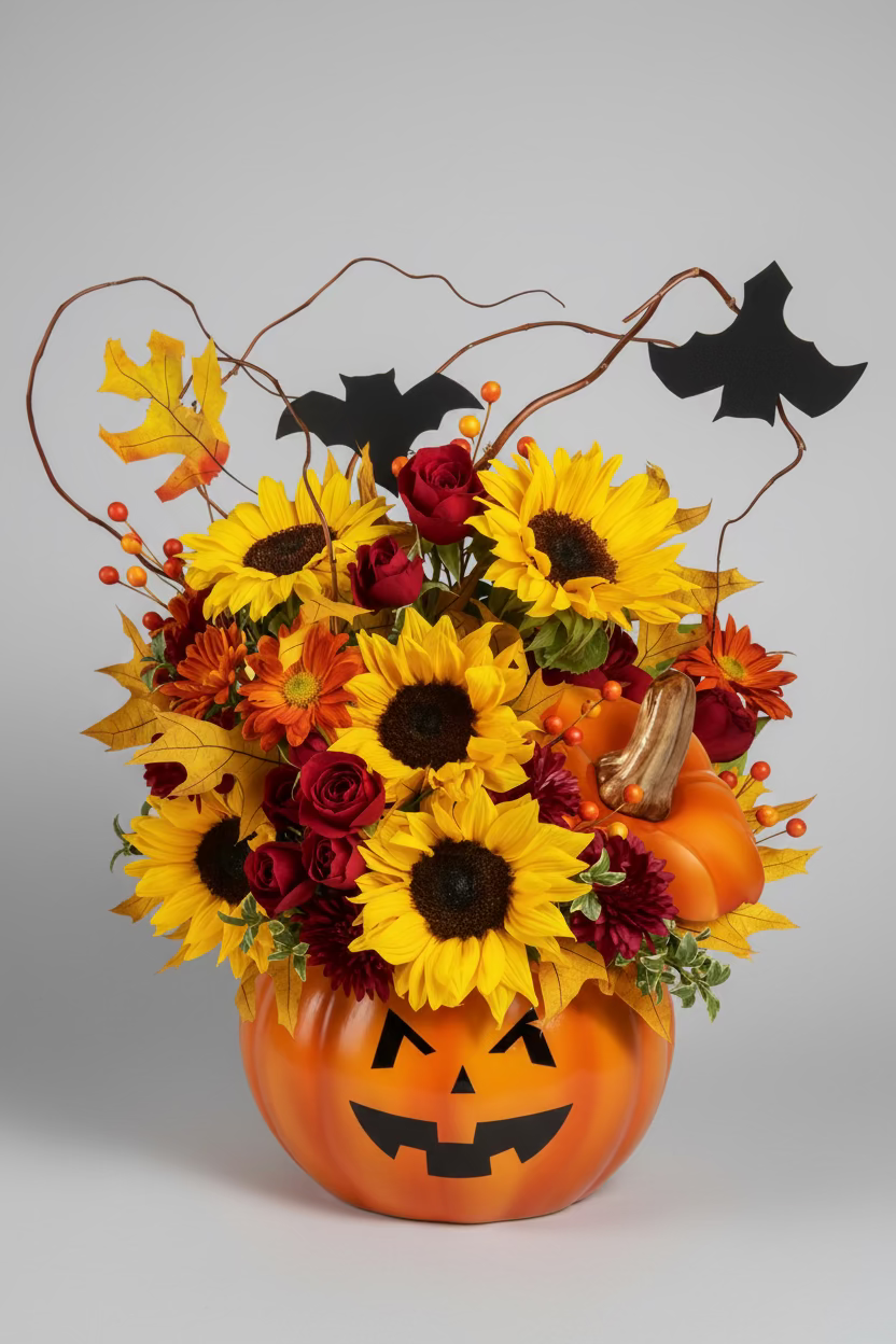A Halloween floral centerpiece arranged in a carved orange pumpkin pot, featuring large yellow sunflowers, red and orange flowers, small pumpkins, and autumn accents. The centerpiece sits on a black tablecloth with candy corn, cupcakes, and black bat cutouts against a textured gray wall.
