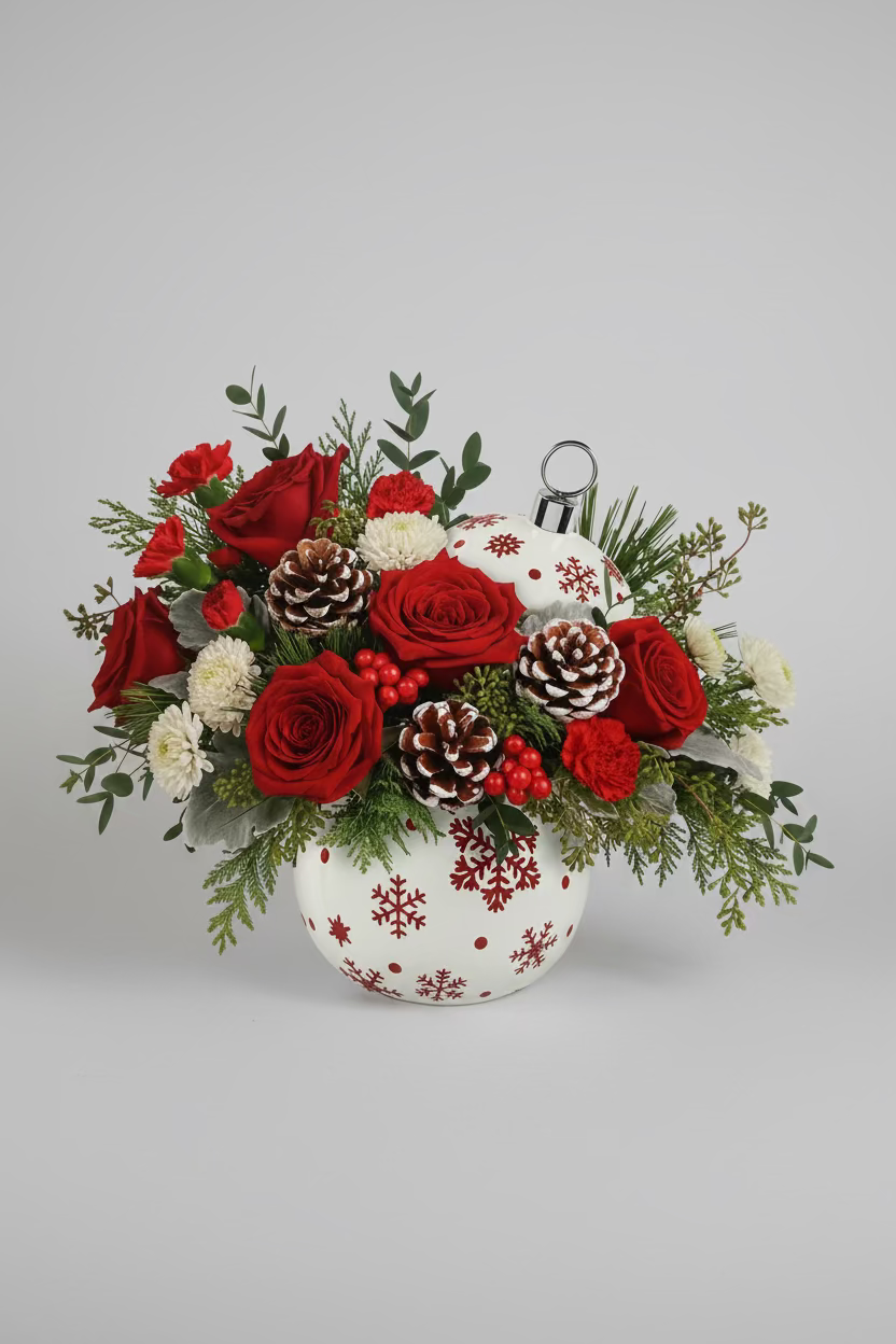 A festive holiday bouquet in a white ceramic pot decorated with red snowflakes, filled with red roses, white chrysanthemums, pinecones, and green foliage, set against a white background.
